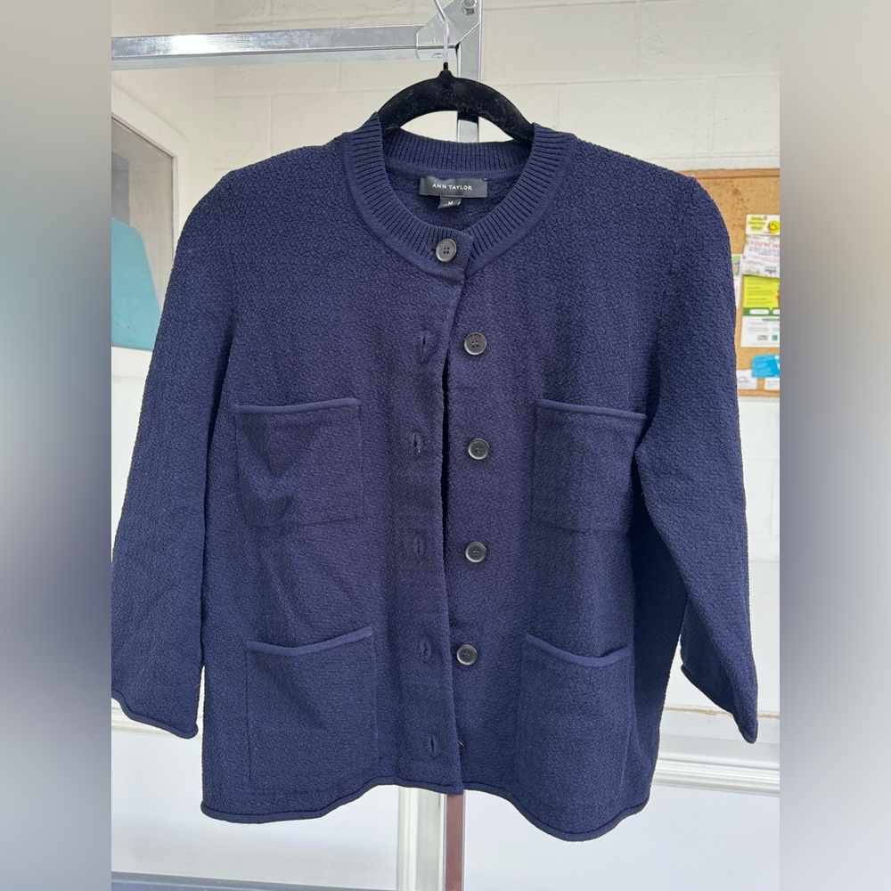 Ann Taylor Cardi
- right wrist see some thread missing 
- tiny snag on shoulder